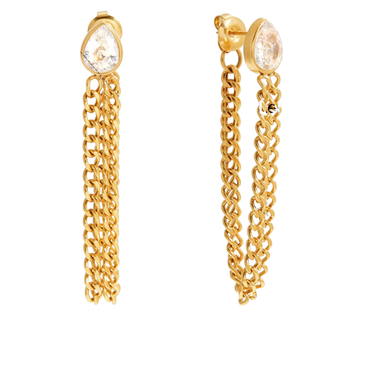 Teardrop CZ Chain Drop Earrings 18k Gold Non Tarnish