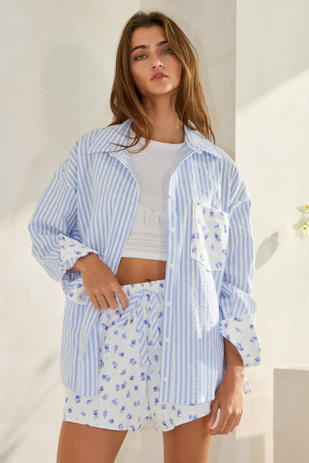 Floral Contrast Detail Button-Down Shirts