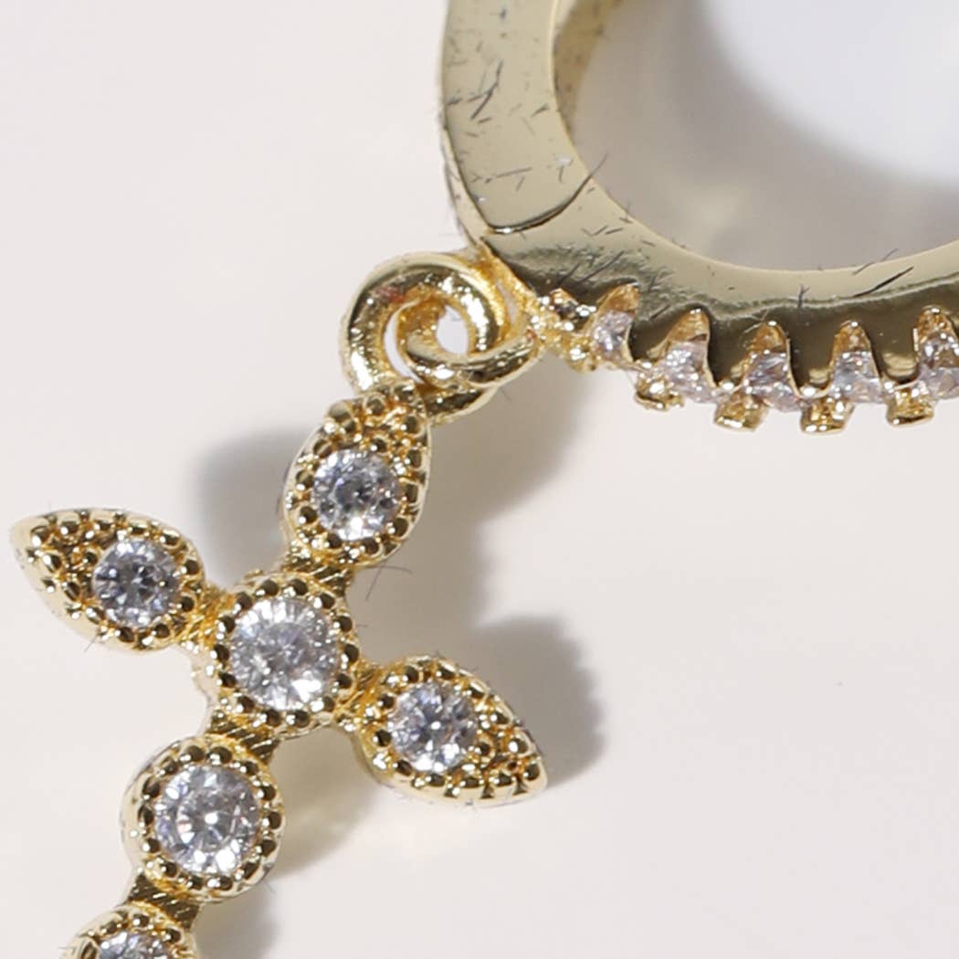 Pave CZ Cross Charm Huggie Hoop Earrings