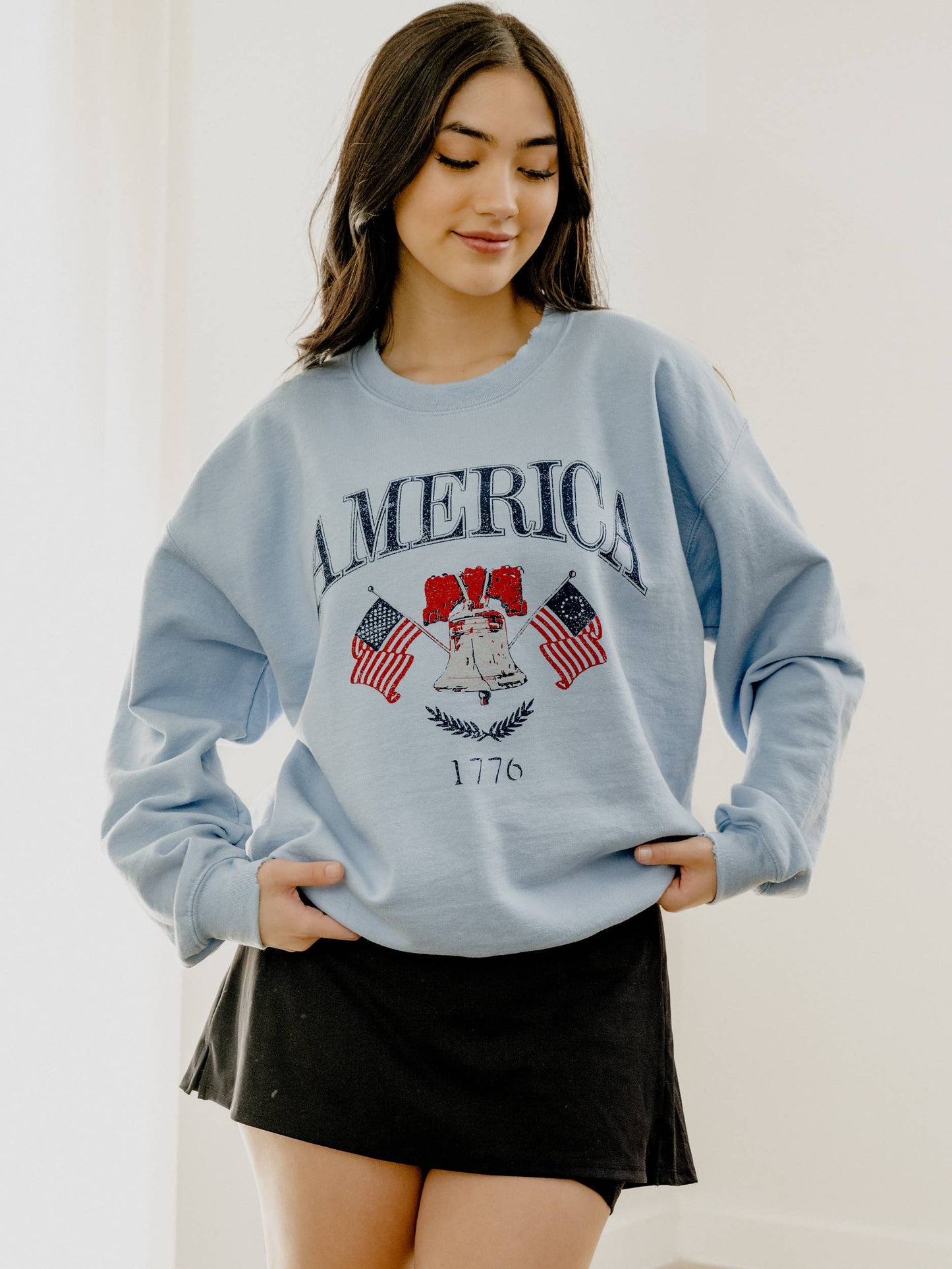 4th of July American Bell Light Blue Thrifted Sweatshirt