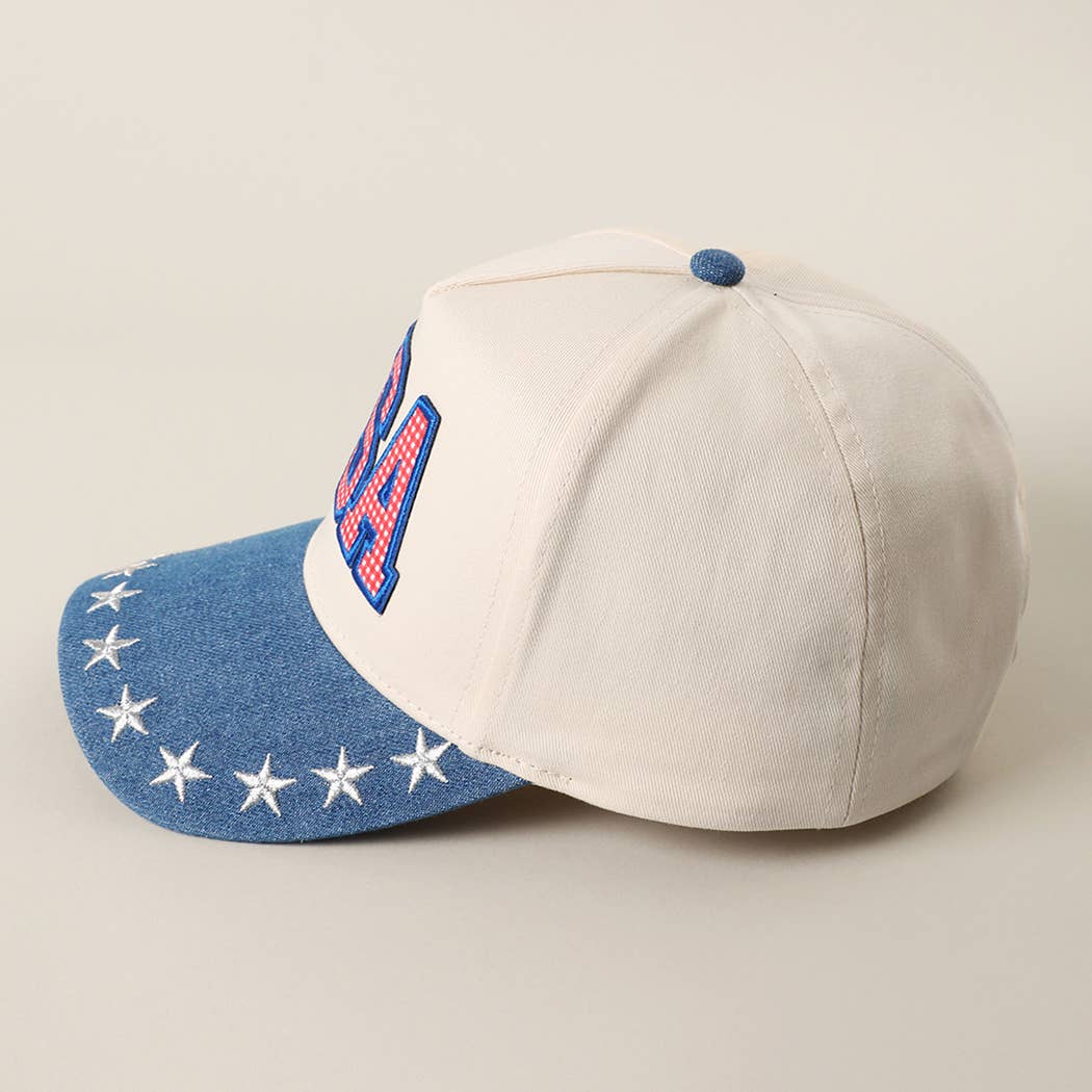 USA Gingham Letter Patch Star Brim Denim Cap