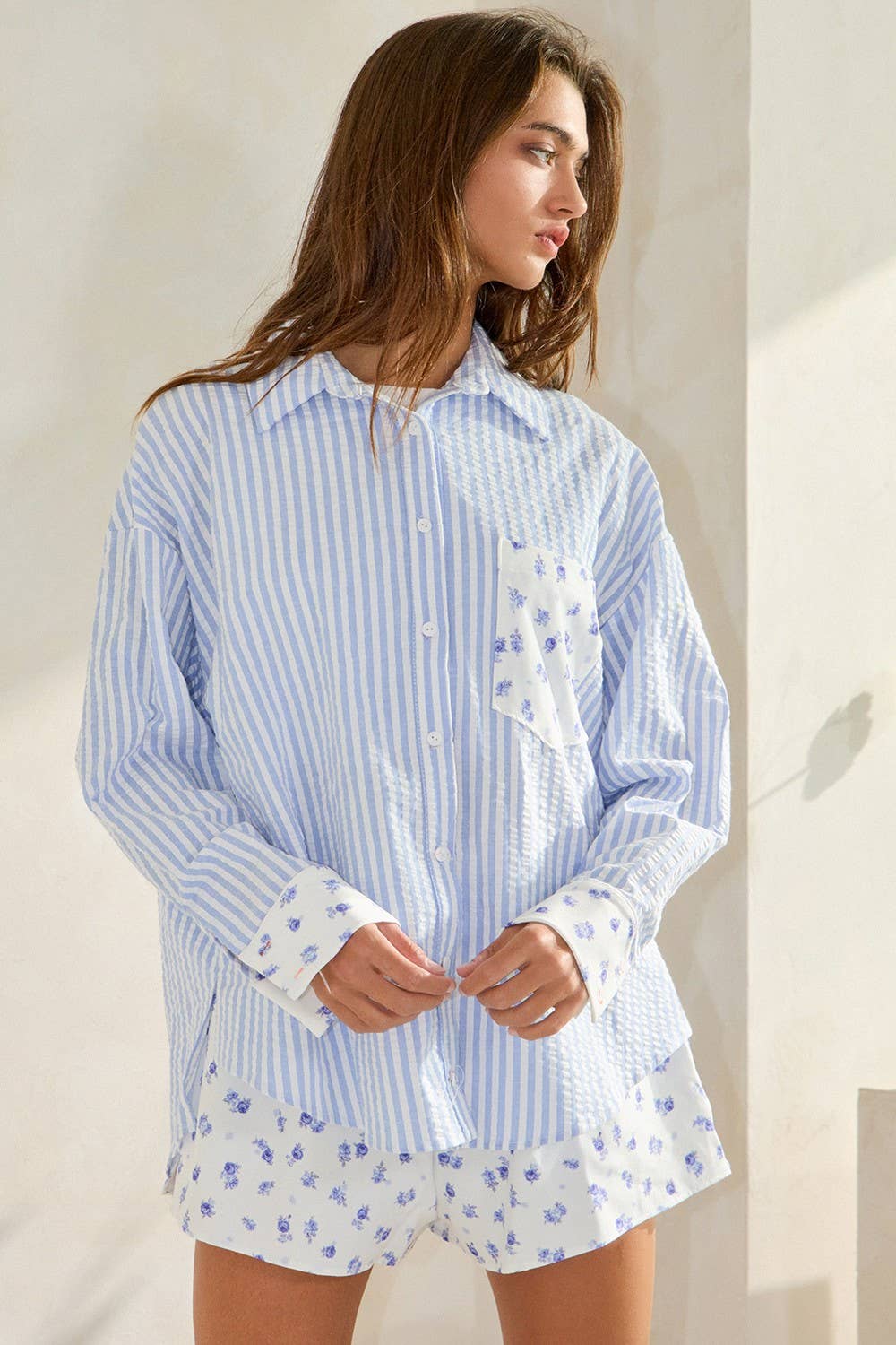 Floral Contrast Detail Button-Down Shirts