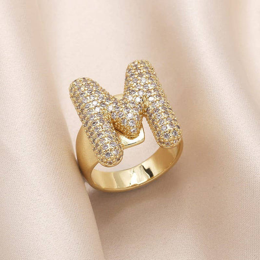INITIAL MONOGRAM PAVE RHINESTONE BUBBLE RING | M