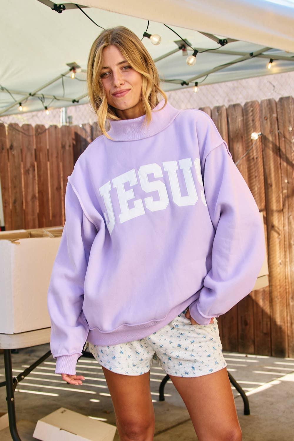 JESUS' Embroidered Mock Neck Sweatshirt Lavender