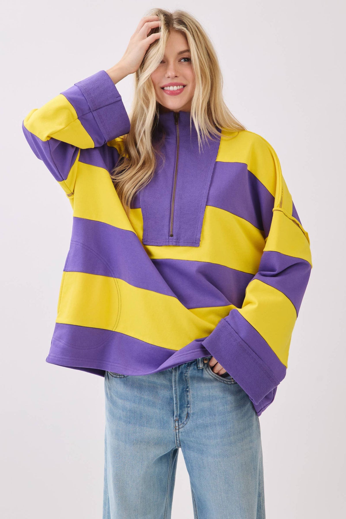 Purple & Gold Varsity Stripe Zip Pullover