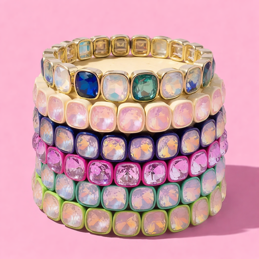 Enamel Stretch Bracelet - Square Gems - Layla - White