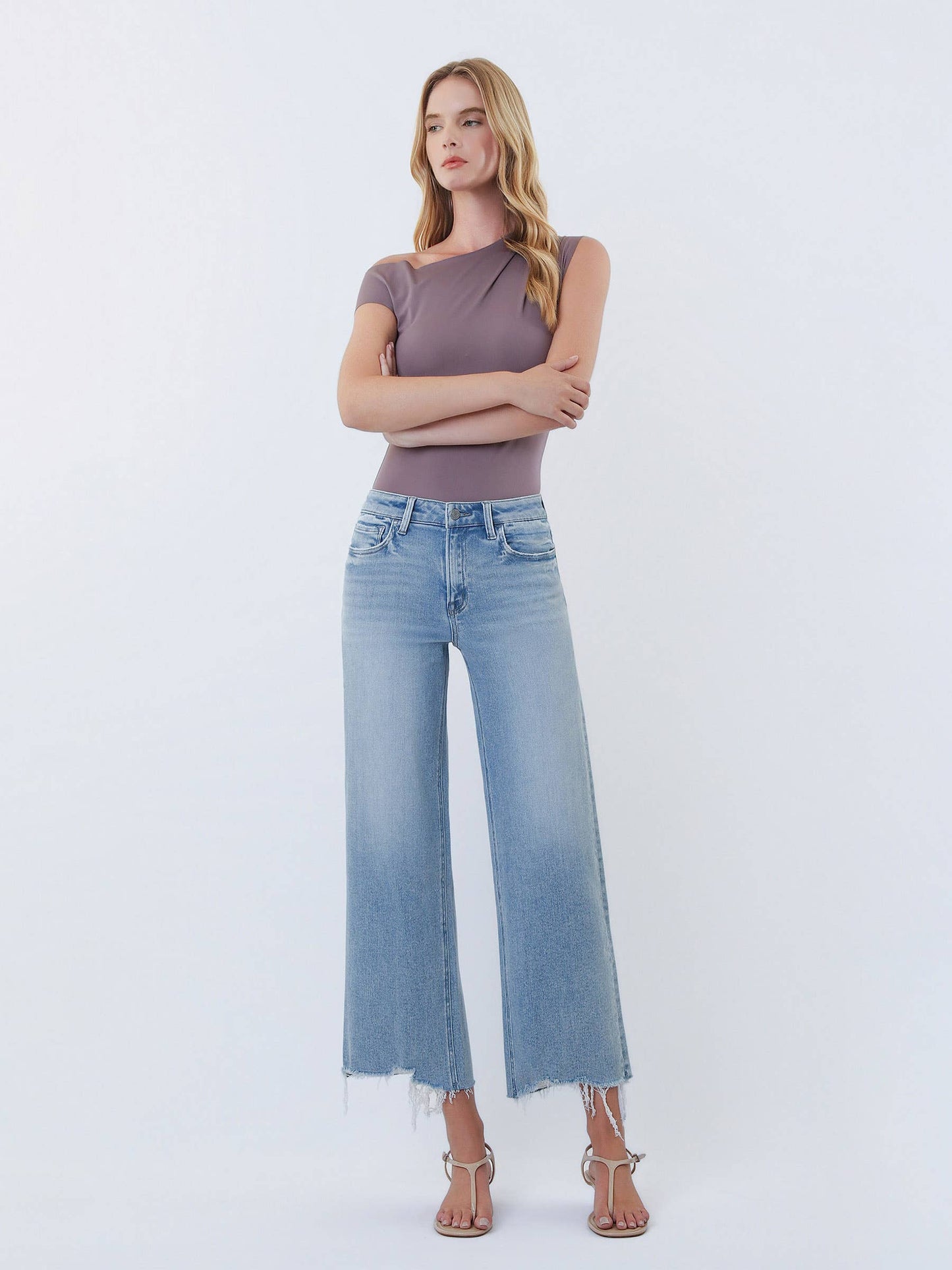 Imagine HR Distressed Hem Crop Wide Leg Denim