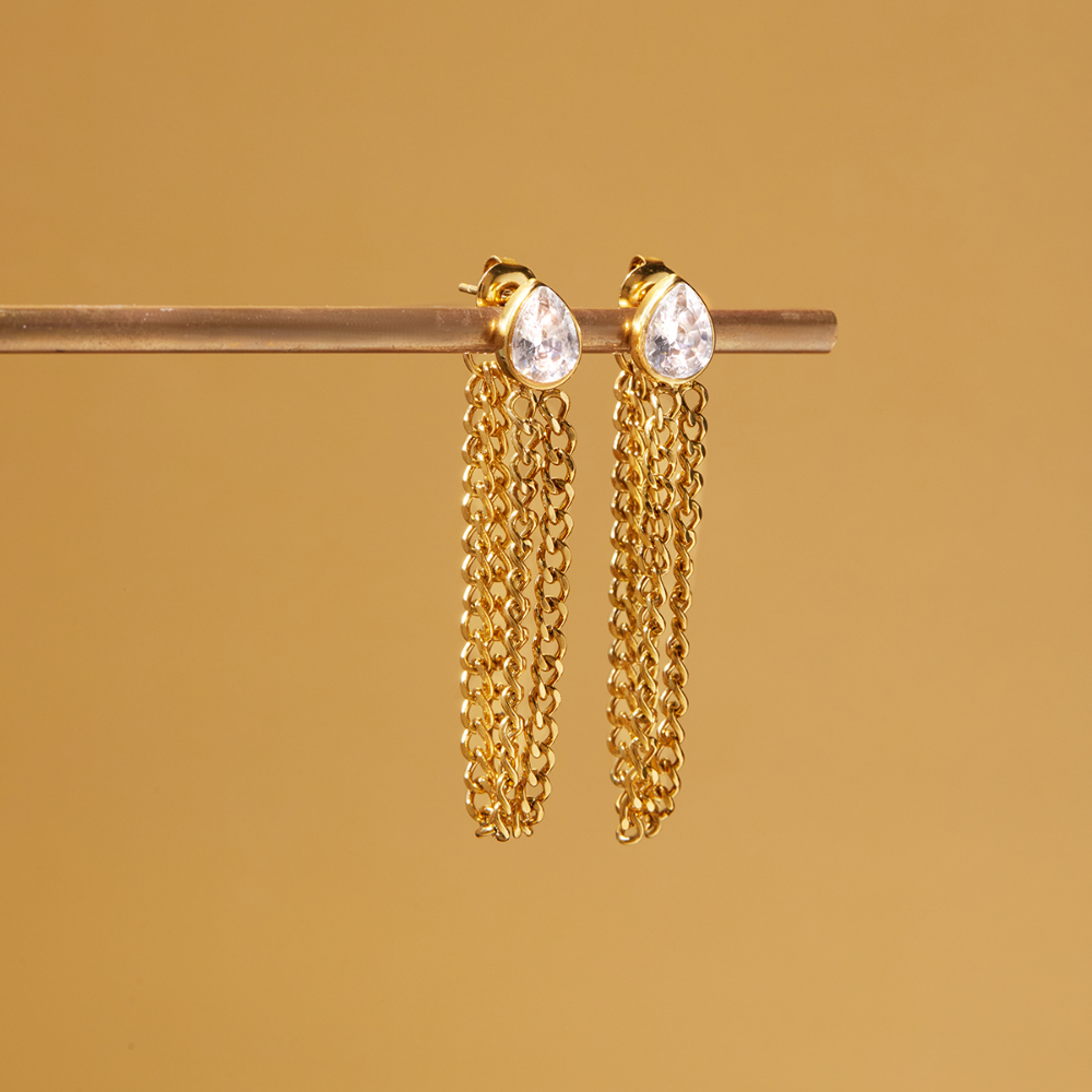 Teardrop CZ Chain Drop Earrings 18k Gold Non Tarnish