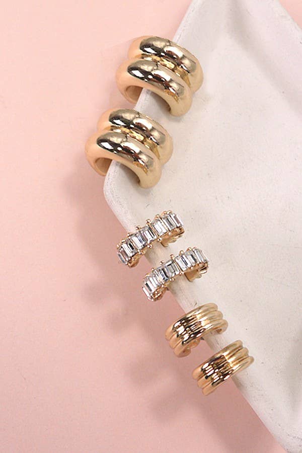 BAGUETTE STONE DOUBLE HOOP HUGGIE TRIO EARRINGS | 80E5317: Gold