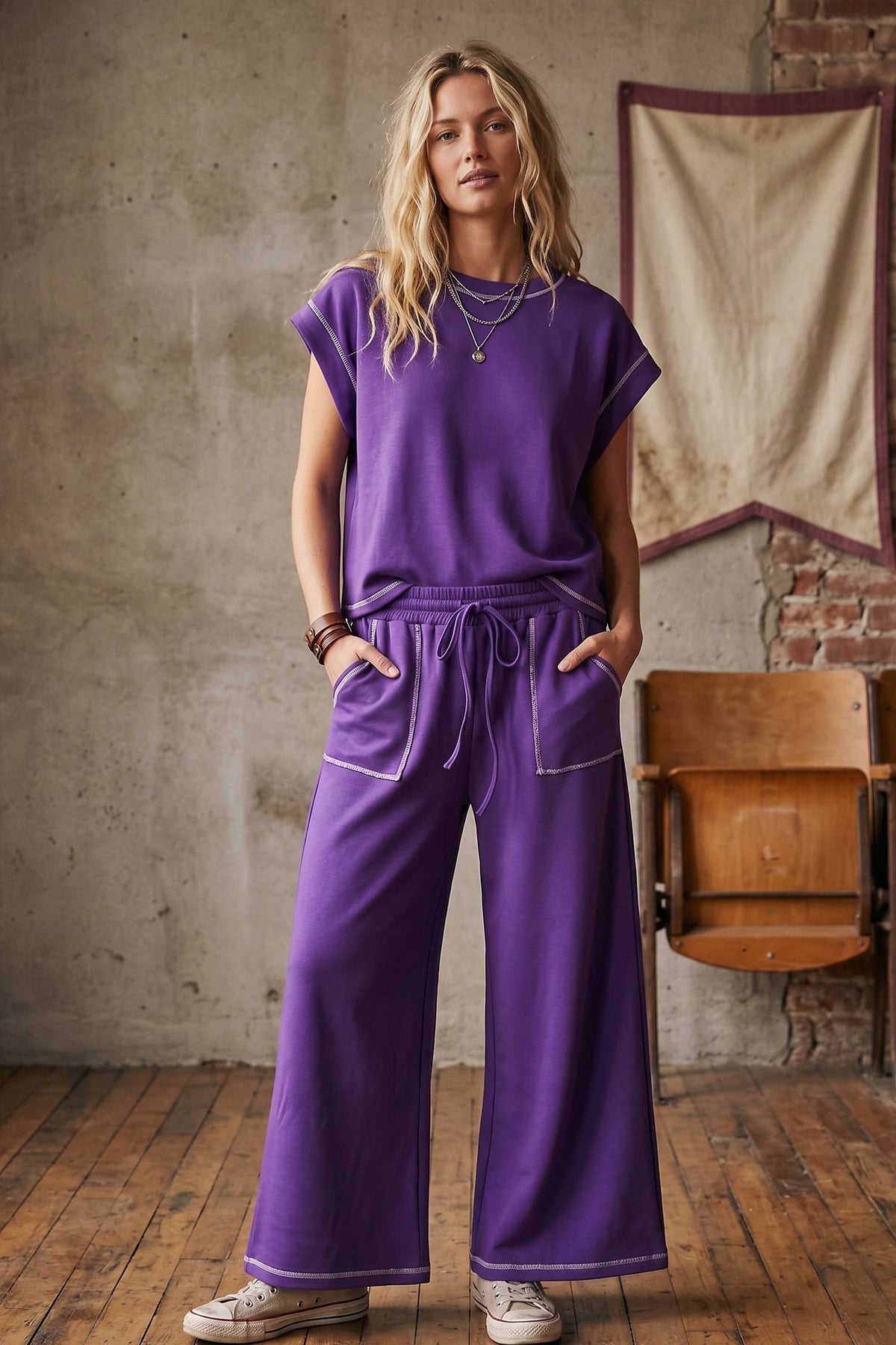 Purple Scuba Contrast Stitch Lounge Set