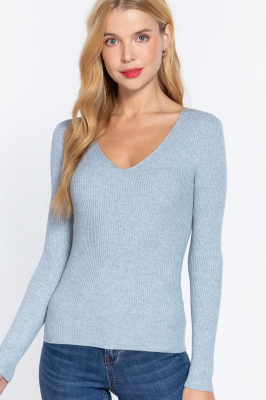 Heather Blue Ribbed Vneck Sweater
